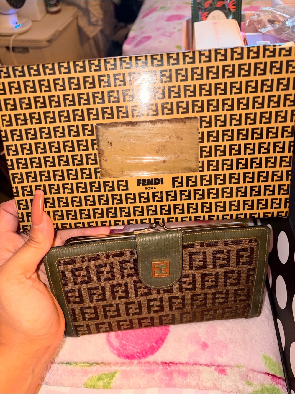 Fendi Brown FF Logo Canvas Wallet with Green Leather Trim